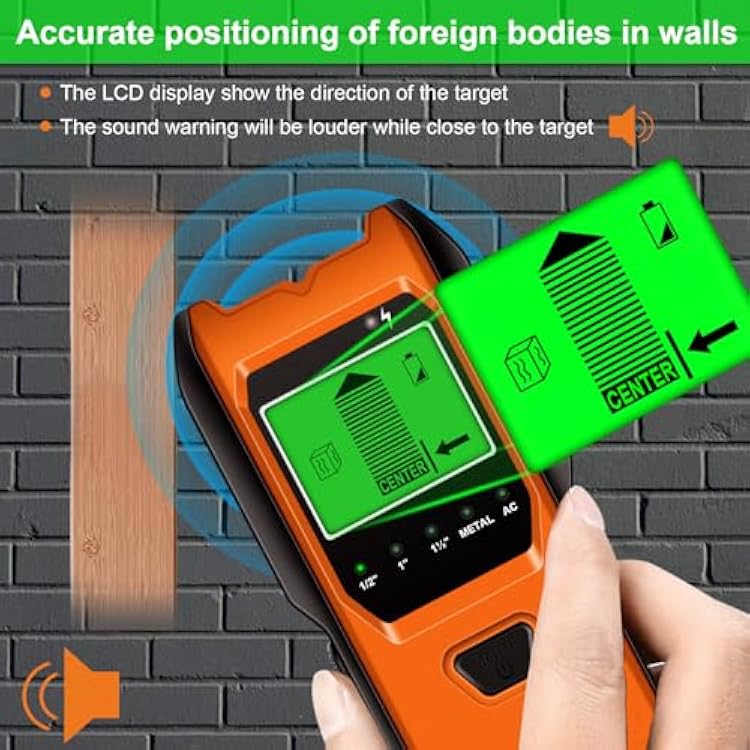 Stud Finder Wall Scanner, 5 in 1 Multifunction Stud Locator with Smart Sensor, HD LCD Display and Audio Alarm for The Center & Edge of Metal, Studs, AC Wire, and Pipe Detection (Tropical Orange)