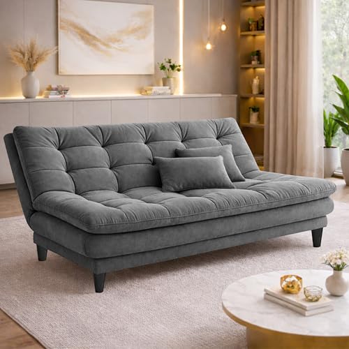 Image of Modern 3 Seater Sofa Cum Bed | Tufted Backrest | Velevt Fabric Upholstery | Living Room Furniture-Grey