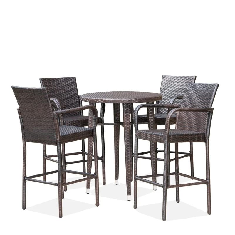 Image of OUTLIVING Patio Counter Height Rattan Wicker Bar Set with Round Table and 4 Bar Stools | Multipurpose 4 Seater Outdoor Furniture for Backyard, Garden, Balcony, Poolside, Porch, and Courtyard (Brown)