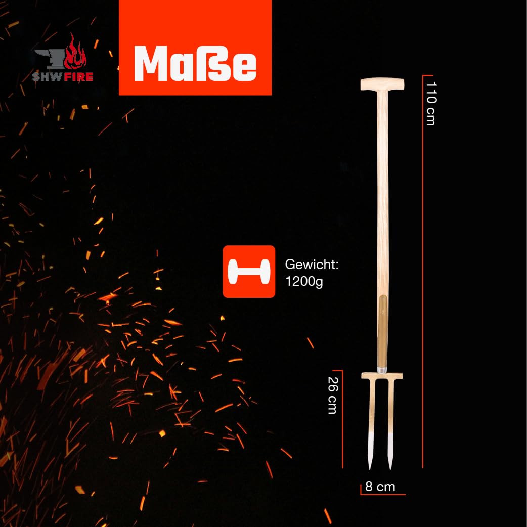SHW-FIRE | Rosengabel mit 85 cm T-Griff aus Eschenholz – handgeschmiedete Bajonettzinken aus gehärtetem Stahl, ideal für Rosenpflege, Unkrautentfernung & Bodenbelüftung | Made in Germany