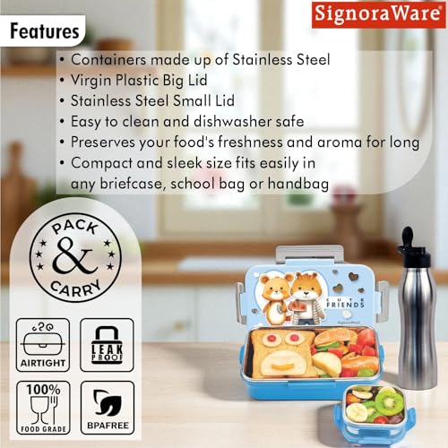 Image of Signoraware Delight C Nugget Stainless Steel Printed Lunch Box Set for Kids | Airtight Lid With Clip Lock | Compact & Sleek Size | Great for Picnic & Outdoors (700ml + 130ml + 750ml Bottle | SkyBlue)