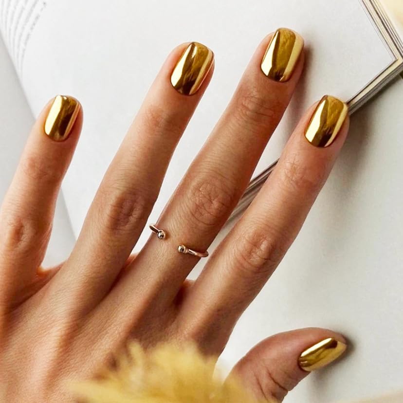 24Pcs Gold Press on Nails Medium Short Square Acrylic Nails False Nails Mirror Metal Solid Color Full Glossy Stick on Nails Chrome Glazed Shiny