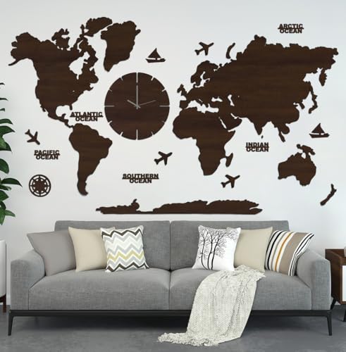 Image of rawpockets - 3D Wooden World Map With Clock Wall Decor | Wall Art, Wall Hangings & Gift | Travel Map | Living Room & Bedroom Wall | Working Space - Red Wood Color - Small Size (110 X 65 CM)