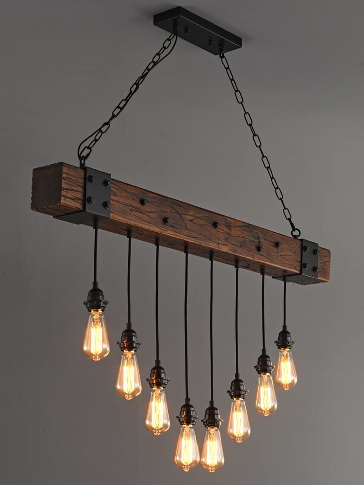 E27 Hängeleuchte Retro Pendelleuchte Esstisch Industrial Hängelampe Aus Holz 8-Flammige Hängeleuchte Retro Esszimmerlampe Holzbalken Vintage Pendellampe Für Wohnzimmer Küche Bar Restaurant