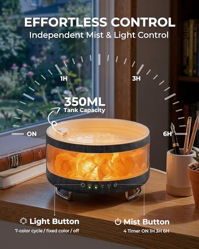 2-in-1 Aroma Diffuser & Salzkristall Lampe - 300ml Ultraschall Duftdiffusor mit 7 Farben LED Licht, Timer, leiser Luftbefeuchter-Funktion für ätherische, Ideal für Schlafzimmer,Büro,Schwarze Holzoptik
