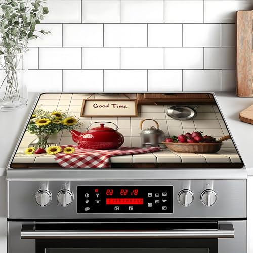 Image of Stove Top Cover Retro Flower Gas Stove Top Cover for Home Decoration Kitchen Pad Non-Stick Washable Cooktop Covers Countertop Protector Keep Stove Clean 28 inchx20 inch (Good time)