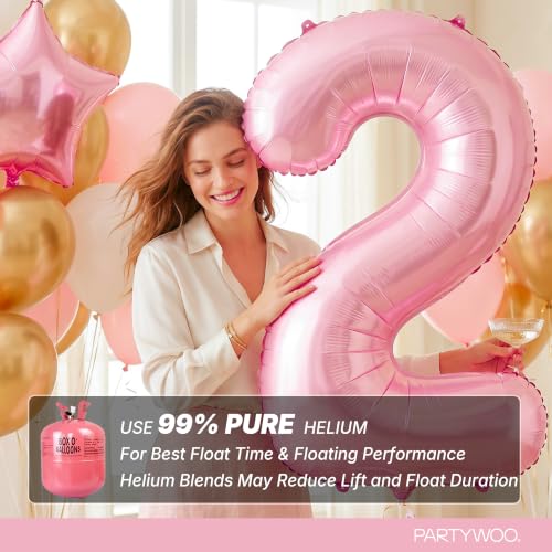 Image of PartyWoo Baby Pink Number 2 Balloon 40 Inch 25pcs Pink Foil Star White Gold
