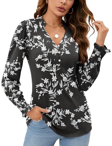 Rapbin Women's Blouses & Shirts V Neck Puff Long Sleeve Tops Ladies Button Down T-Shirts Casual Ruffles Cuffs Sleeve Tunic Blouses Black White Floral XXL (UK 20-22)