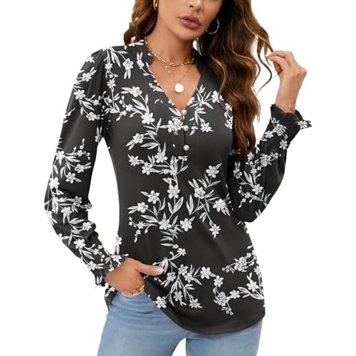 Rapbin Womens V Neck Puff Long Sleeve Button Down Tunic Blouses Fall Tops 2025 Ruffle Cuffs Dressy Casual T-Shirts