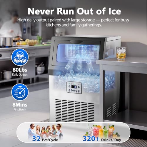 Image of 80lbs Commercial Ice Machine, 18lbs Storage for Bar and Kitchen | 13 thickness levels, 10-min auto self-clean, 24H timer, LED panel, and quick water hookup - effortless daily use.