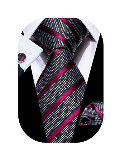Image of Barry.Wang Tie Sets for Men Silk Stripe Necktie Woven Checkered Handkerchief Cufflinks Formal Business Wedding