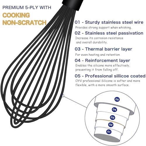 Dishwasher Safe Silicone Whisk, Sealed Waterproof Design Set of 3, Professional Kitchen Whisks for Cooking Non-Scratch, Silicone & Stainless Steel Whisk, Heat Resistant Balloon Egg Beater, Black - Image 4