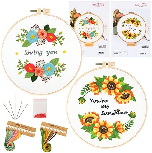 Fanquer Embroidery Kit for Adults 2 Pack Cross Stitch Kits with Pattern Beginners Hoops Needles & Color Threads Needlepoint Supplies Beginners, Multicolor
