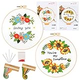 Fanquer Embroidery Kit for Adults 2 Pack Cross Stitch Kits with Pattern Beginners Hoops Needles & Co
