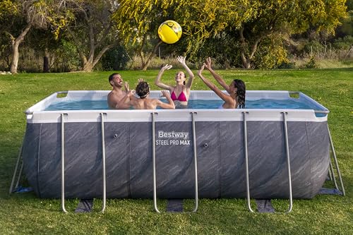 Bestway Power Steel Frame Pool Set mit Filterpumpe 412 x 201 x 122 cm, Marmor-Optik (Schiefergrau), eckig