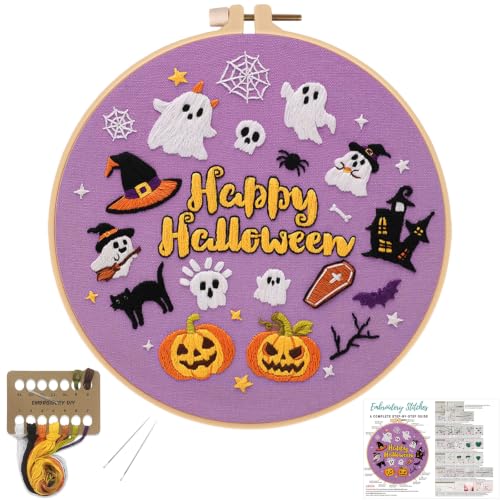 Image of Louise Maelys Halloween Pumpkin Embroidery Kit for Beginners DIY Craft | Cross Stitch Kits for Halloween Crafts, DIY Needlepoint Kit Includes Pre-Printed Fabric, Hoop, Threads, Needles and Guide