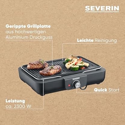 SEVERIN Tischgrill mit Grillplatte, für drinnen und draußen, Alu-Druckgussplatte, Elektrogrill mit schnellem Grill-Start, einstellbar bis zu 230°C, 2.200 W, schwarz, PG 8556 – Bild 5