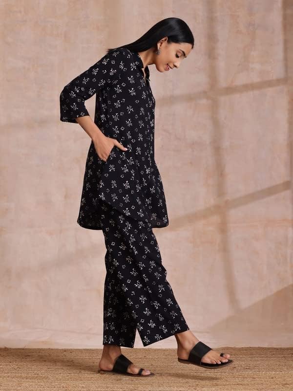 Image of Tarshika Women Women's Trendy Printed Cotton Blend Straight Pocket Black Color Kurta and Palazzo Set (KS2069-S)