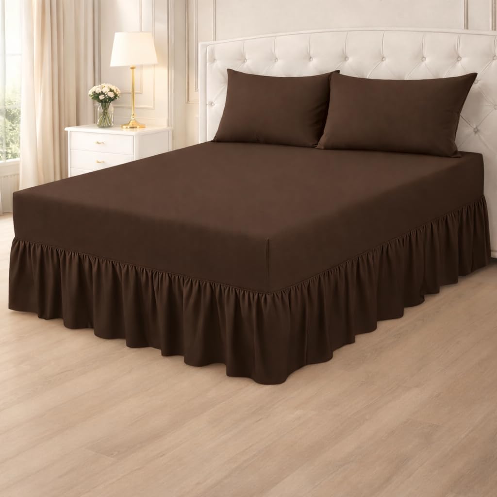 Plain Poly cotton Extra Deep Frilled Valance Fitted Sheets, Easy Case Fitted Valance Sheets in 14 Attractive Colors, Percale Quality Fitted Valance Sheet (Chocolate, King)