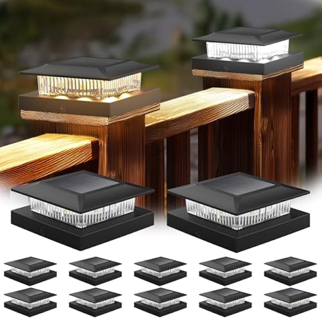 4x4 Solar Post Cap Lights 12 Pack, Fence Post Solar Lights with Warm White/Cool White, Only Fit 4x4 Wood/Vinyl Posts, Waterproof Outdoor Deck Post Light for Deck, Fence, Porch(Black)