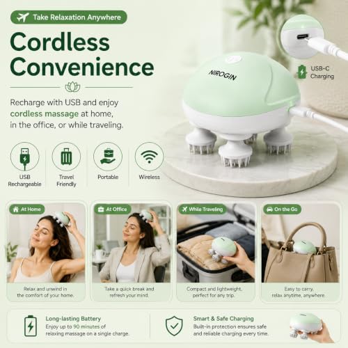 Image of Electric Scalp Massager for Hair Growth | Head Massager Vibrating Machine | Scalp Massager Brush for Deep Head Massage & Stress Relief | Hair Massager for Scalp Massage | Rechargeable (Green)