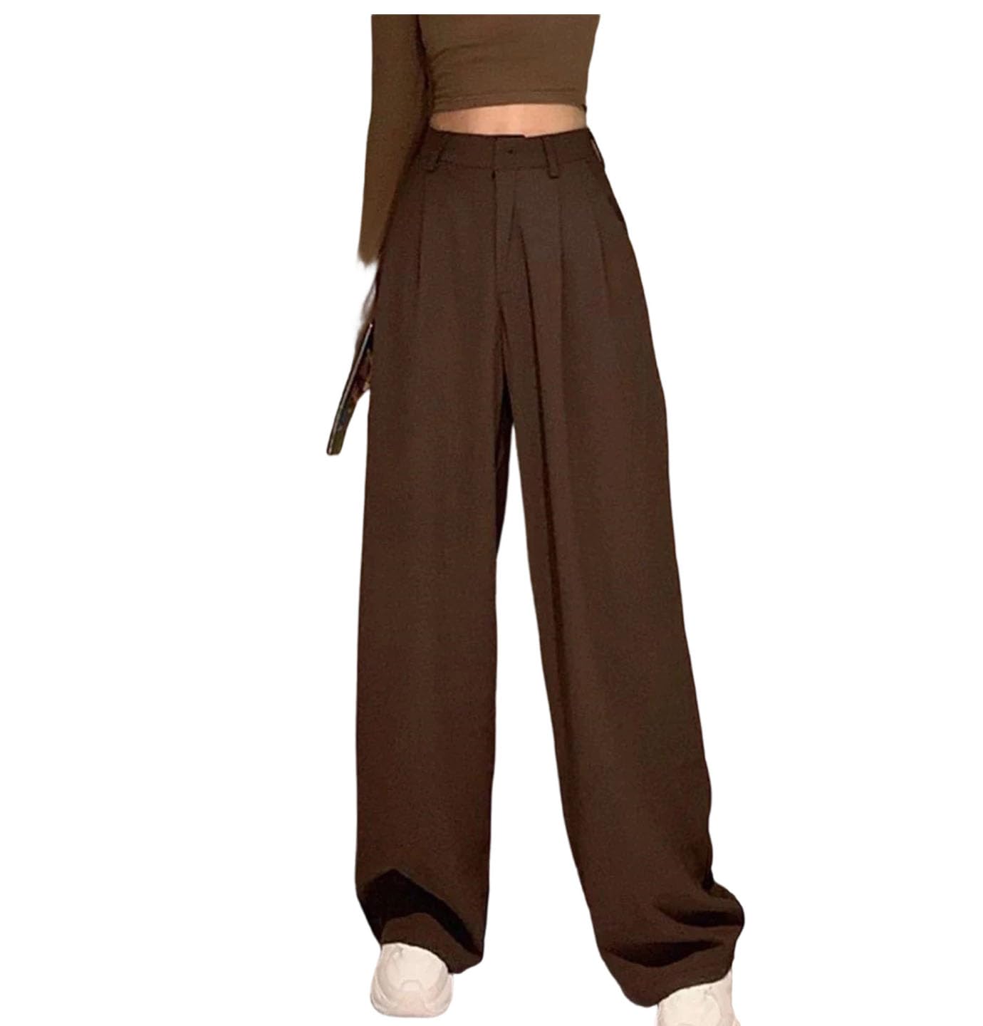 Women Spring High Waist Casual Long Pants Solid Color Straight Wide Leg Pants