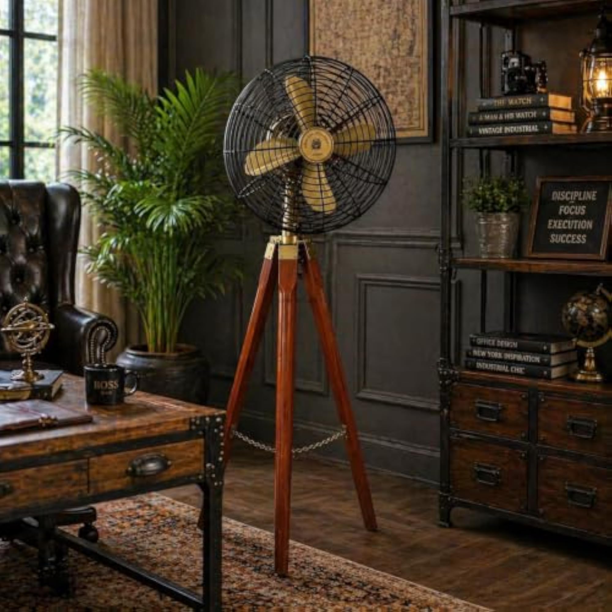 Vintage Tripod Floor Fan with Brass Accents