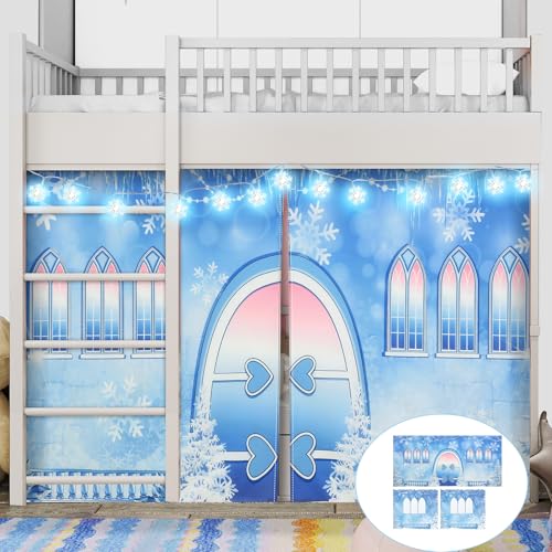 Hahafelt Loft Bed Tent Curtain Set for Low Twin,Bunk Bed Curtains Princess Play Tent with Enchanting Snowflake Lights Winter Party Decoration for Indoor & Outdoor Play