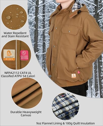 BOCOMAL FR Jacket Insulated Heavyweight Canvas Flannel Lined,Detachable Hood,Cargo Pockets,NFPA2112 CAT4,Flame Resistant Coat2