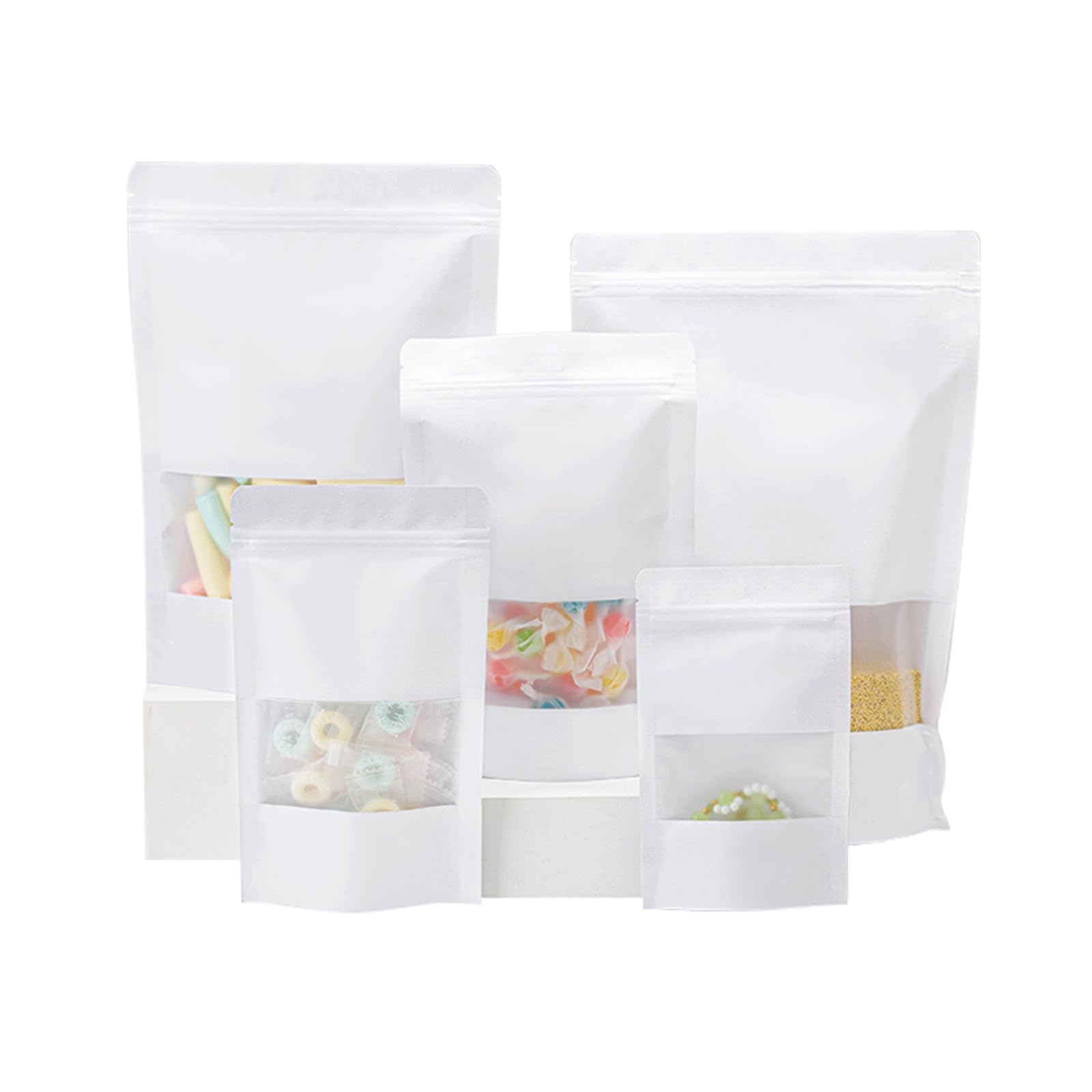 Roppolo 100 Pcs Resealable Stand Up Kraft Paper Bags, 12 x 20 Cm White Food Storage with Matte Window, Reusable Zip Lock & Heat Sealable for Packaging