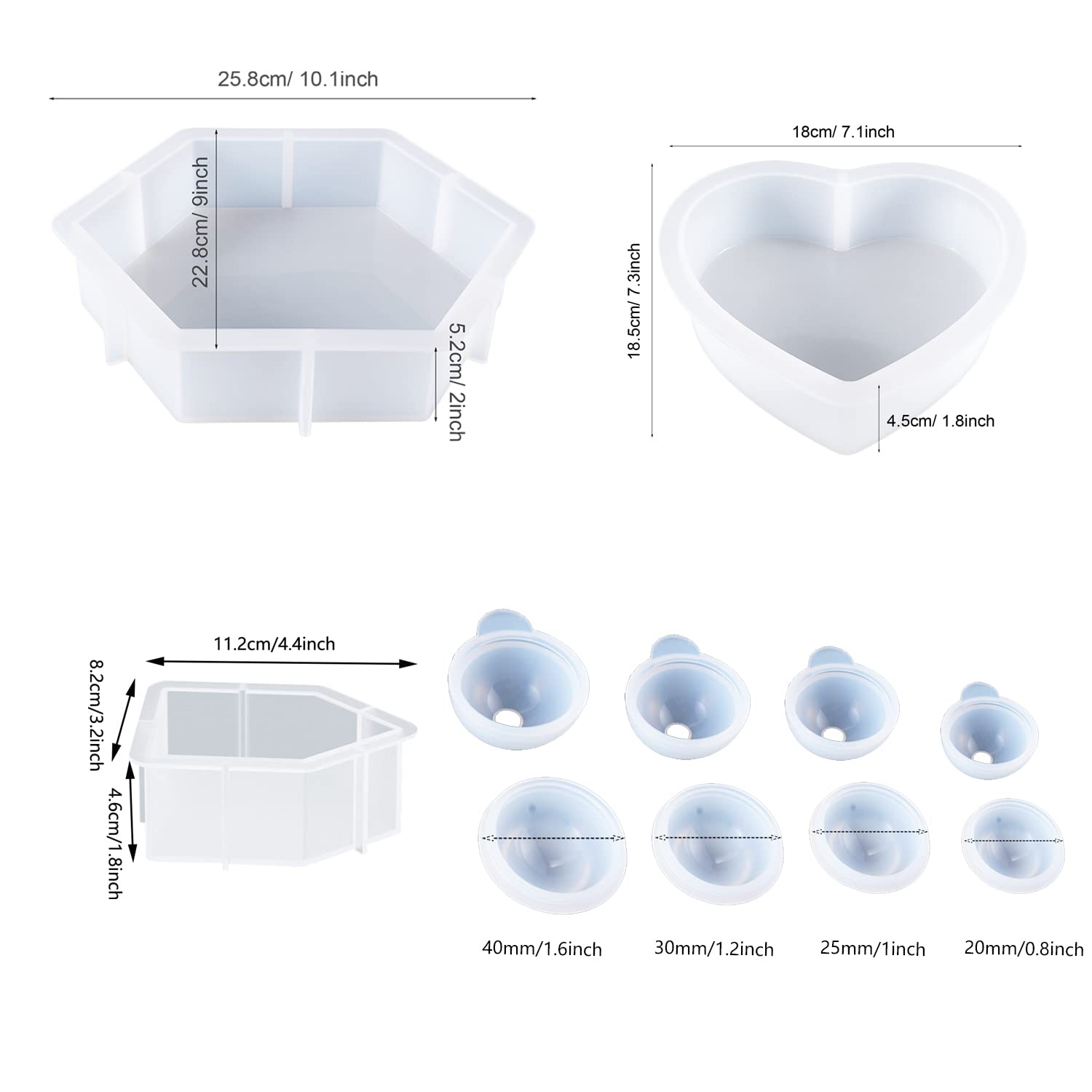 Stampini Per Resina 7 Pezzi - Forme Esagono, Cuore, Casa E Sfera, In Silicone Per Decorazioni