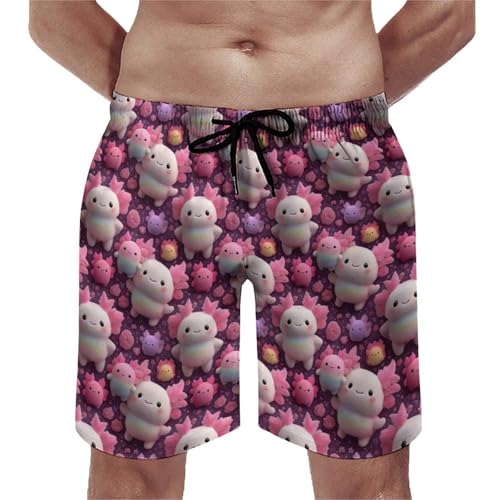 Hawaiian Shorts for Men - Cartoon Cute Axolotl Print Quick Dry Mens Swim Trunks Bathing Suits with Mesh Lining