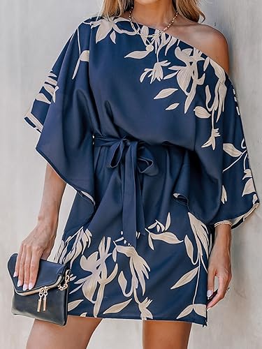 Image of CUPSHE Women's Casual Mini Dress Navy Leaf Print 3 /4 Sleeve One Shoulder A Line Short Belted Dresses