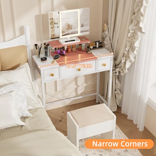 Image of HIGDBFE Small Makeup Vanity Desk 27.5''W with Mirror and Lights, 3 Drawers | USB Lighted Mirror, Height-Adjustable Stand, Fabric Drawers, Girls /Kids Gifts, Bedroom, Small Space, Dorm, White&Pink