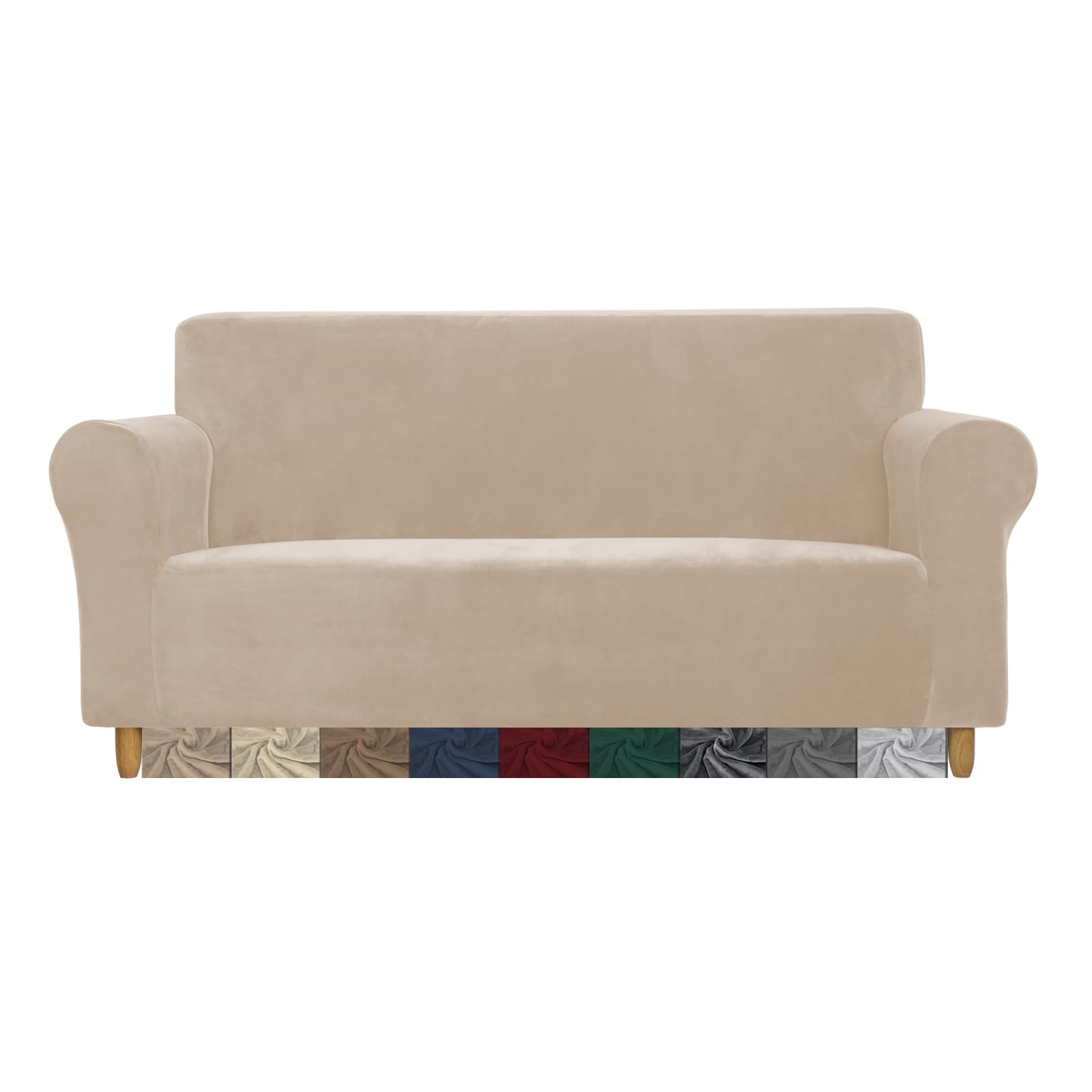 CMAKER Funda de sofá de terciopelo para sofá de 3 plazas, con parte inferior elástica antideslizante, protector de muebles, funda de sofá para mascotas (3 plazas, beige)