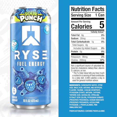 Image of RYSE Fuel Energy Drink - Sour Punch Blue Raspberry - Sugar Free, Gluten Free & Vegan - 200mg Natural Caffeine, Taurine & Choline for Focus & Energy - No Artificial Colors - 16 fl oz Cans (12-Pack)
