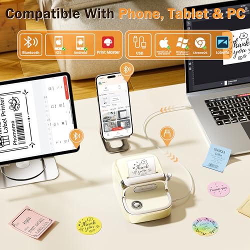 Image of Phomemo M150 Label Maker, Upgraded Bluetooth Label Printer, Compatible with Phone, PC & Tablet, with 1 Roll Free Label Paper, Thermal Portable Sticker Printer Machine for Address,Bracode, Jar, Beige