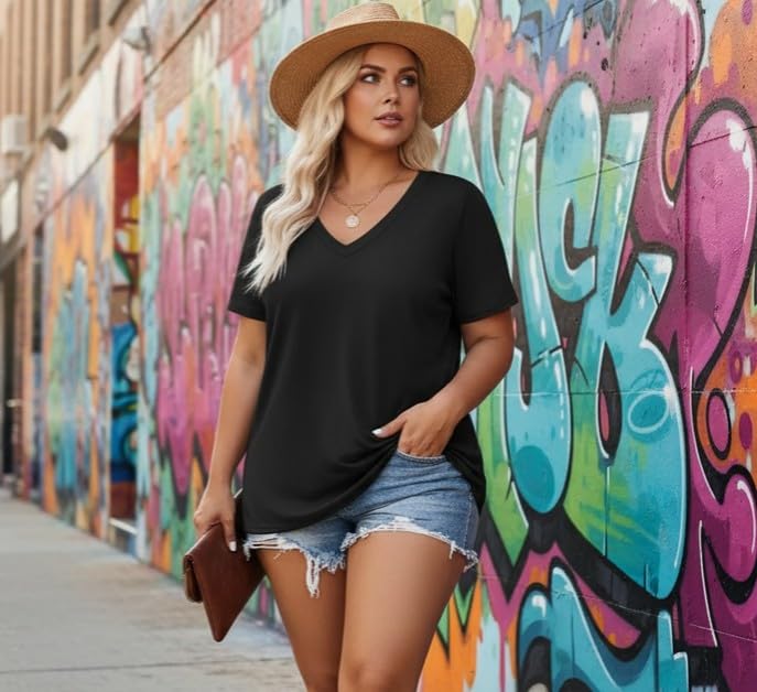 Image of ForHailey Women's Plus Size Short Sleeve Tee Shirt V Neck Basic Ladies Loose Fit T Shirt 1X-5X
