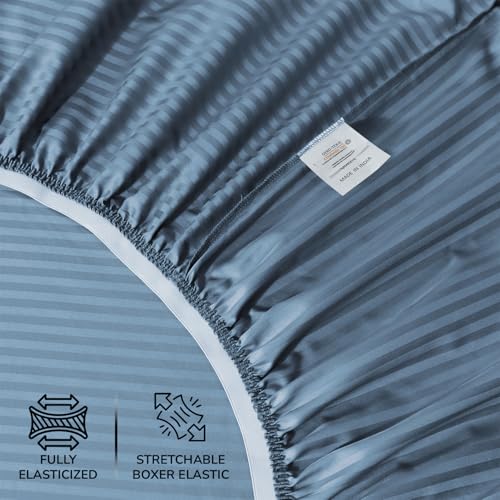 Image of Feather & Stitch 500 TC Split King Size Damask Bed Sheet Set, 100% Cotton Soft Breathable Bedsheets, 5 Piece 18 inch Deep Pockets Sateen Weave Striped Bedding Mattress Resort Hotel Luxury - (Blue Stripe)