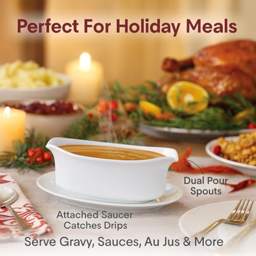 Image of HIC Kitchen Gravy Boat With Attached Saucer, Fine Porcelain, 18-Ounce Capacity For Gravy, Sauce, Au Jus, Dressing, Holiday Meals, And Entertaining