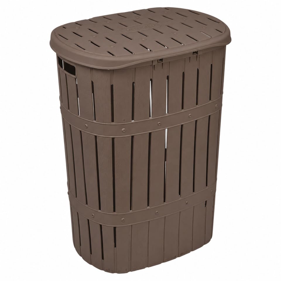 URBNLIVING 65L Plastic Bamboo Style Laundry Basket Storage Bin With Handles & Easy Open Lid Stylish and Practical Solution for Organizing Laundry Essentials