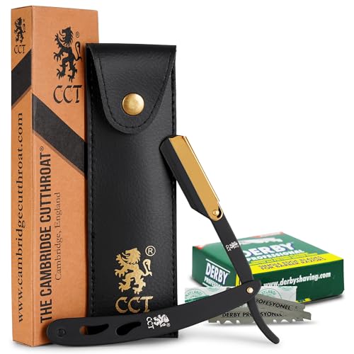 The Cambridge Cutthroat® - Navaja afeitar para hombre de madera y acero inoxidable - Calidad barbero profesional - Incluye 10 cuchillas Derby y estuche - Accesorios para un aseo perfecto