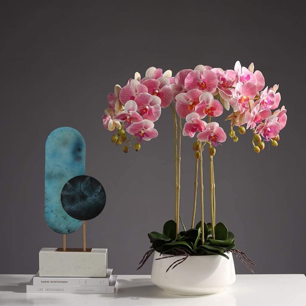 DFGHNBVC Artificial Orchid Faux Orchids 6 Head Artificial Phalaenopsis Flowers With Porcelain Vase Set Artificial Flower Plastic Artificial Orchid Very Natural.Pink