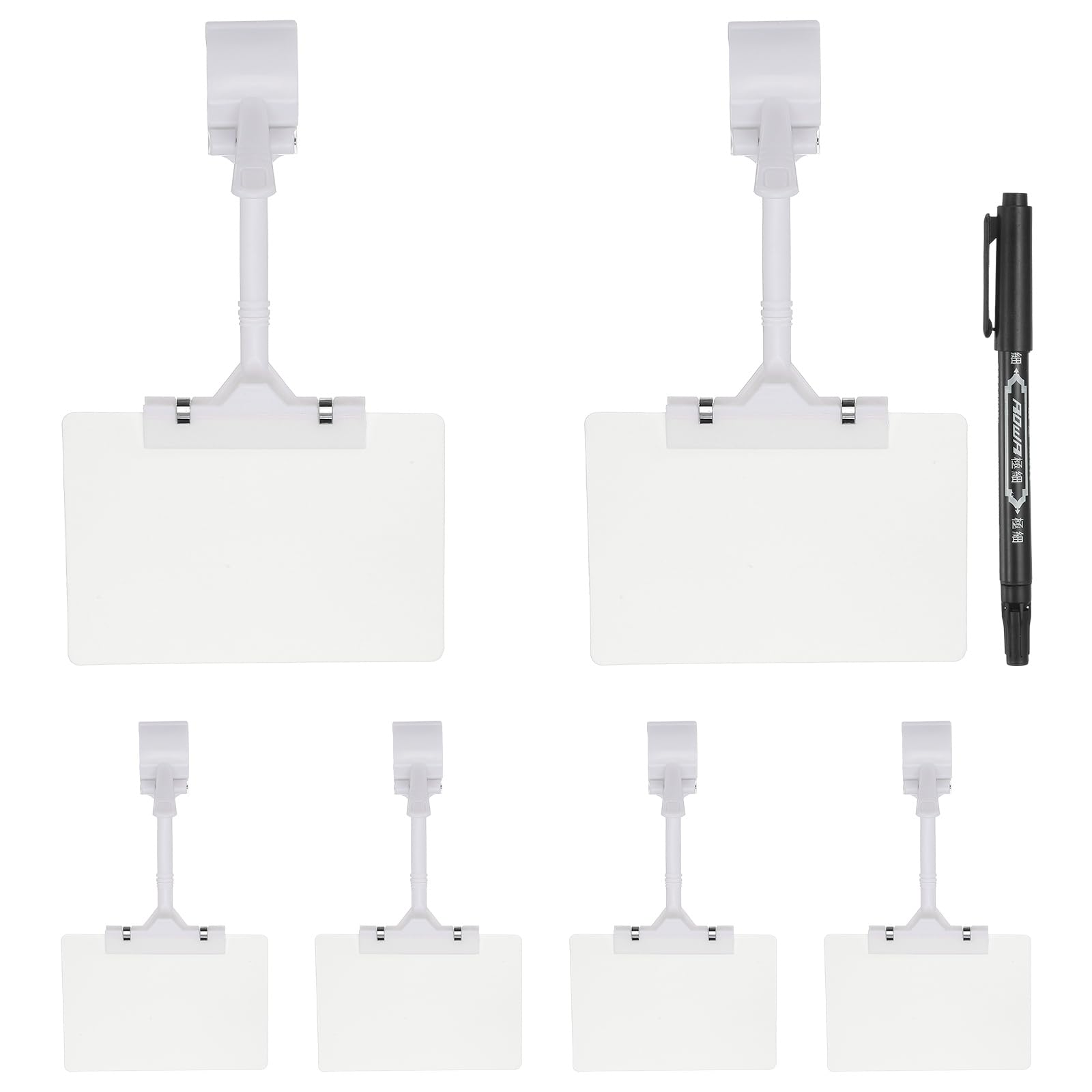 PATIKIL Sign Holder Clips, 6 Pcs Sign Holder Double Clip Adjustable Price Tag with White A6 Plastic Cards & Erasable Marker for Supermarket Office Exhibition, White