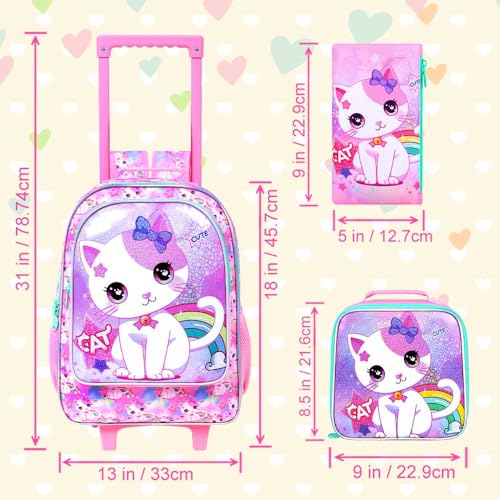 3PCS Kids Rolling Backpack, Girls Roller Wheels Bookbag, Wheeled Elementary School Bag with Lunch Bag - White Cat4