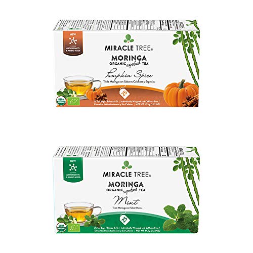 Miracle Tree - Organic Moringa Superfood Tea, 2 Pack Bundle, 2X25 Individually Sealed Tea Bags (Pumpkin Spice, Mint) #TOP16