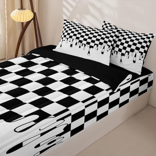Image of Black White Checkered Cute Zip Up Bedding Full for Girls Boys,Checkerboard Drip Comforter Set with Elastic Fitted Sheet,Soft Indie Aesthetic Funky Geometric Kawaii Bedspread for Teens Bedroom Decor