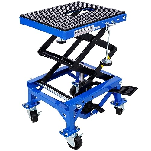 FRITHJILL 300 Lbs Heavy Duty Hydraulic Motorcycle Scissor Lift Jack with 4 Wheels for Small Dirt Bikes, Motorcycle Lift Table with Foot Pad, Blue