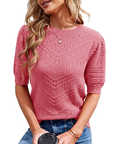 Image of Womens Puff Short Sleeve Sweater Summer Crew Neck Ribbed Knit Pullover Tops