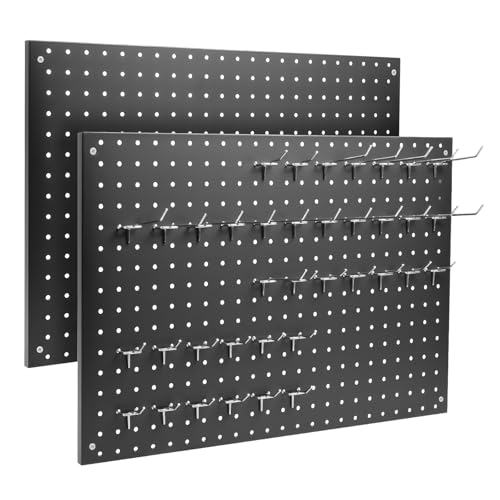 MUWOOD Peg Board, 2 Pack Metal Pegboard Panels Black Pegboards Wall Organizer with Frame Large Heavy Duty Peg Board with Hooks for Walls Home,Garage Tool Storage,Office Organization,Kitchen 24”×16”